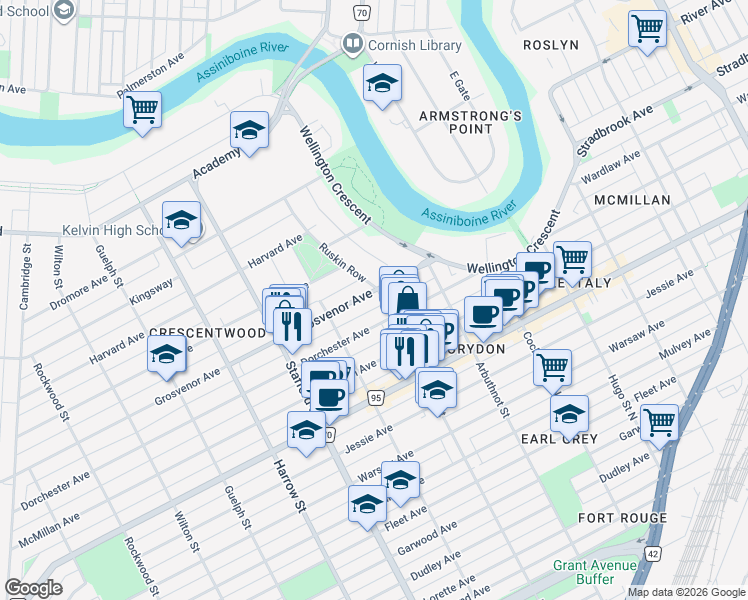 map of restaurants, bars, coffee shops, grocery stores, and more near 840 Grosvenor Avenue in Winnipeg