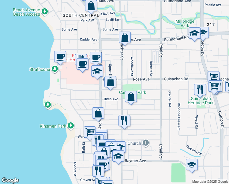 map of restaurants, bars, coffee shops, grocery stores, and more near 629 Christleton Avenue in Kelowna