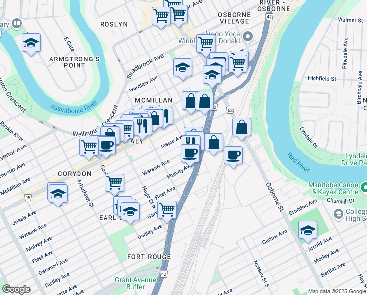 map of restaurants, bars, coffee shops, grocery stores, and more near 558 Jessie Avenue in Winnipeg