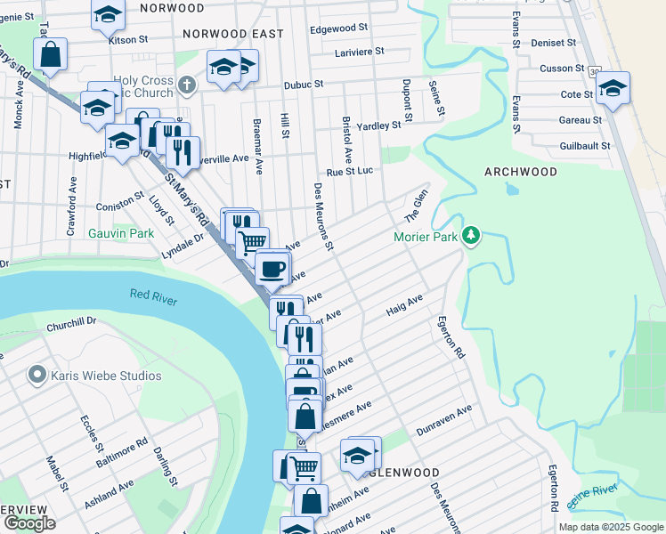 map of restaurants, bars, coffee shops, grocery stores, and more near 53 Fifth Avenue in Winnipeg