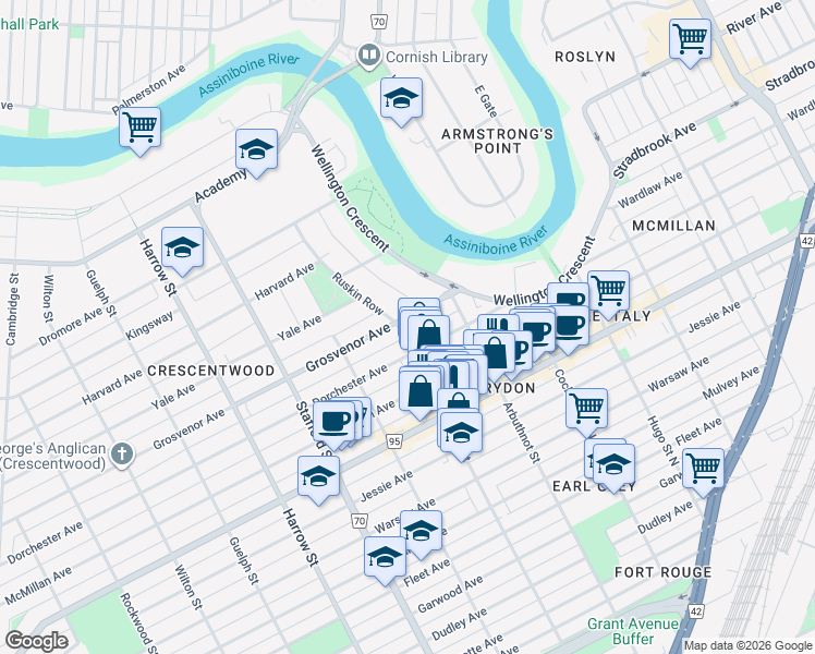 map of restaurants, bars, coffee shops, grocery stores, and more near 810 Grosvenor Avenue in Winnipeg