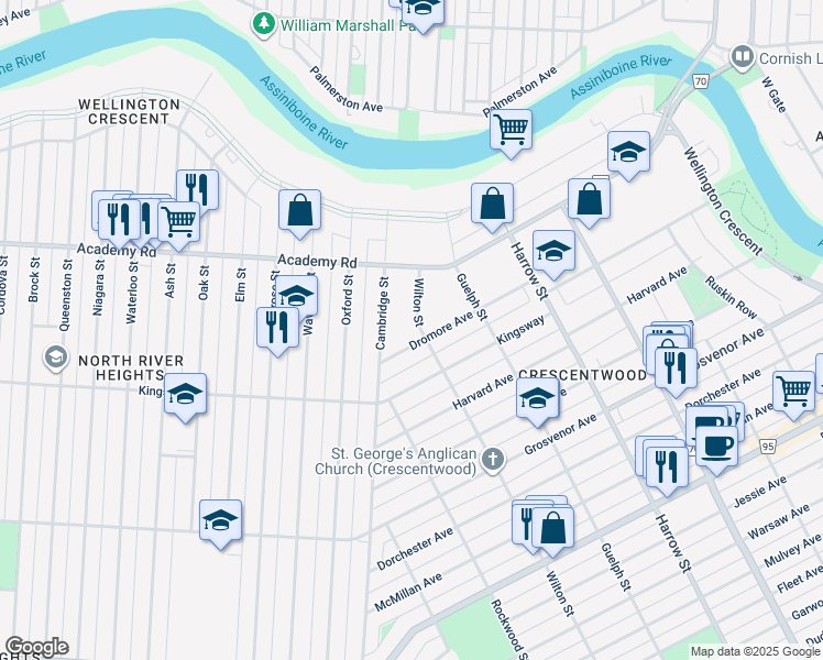 map of restaurants, bars, coffee shops, grocery stores, and more near 76 Wilton Street in Winnipeg