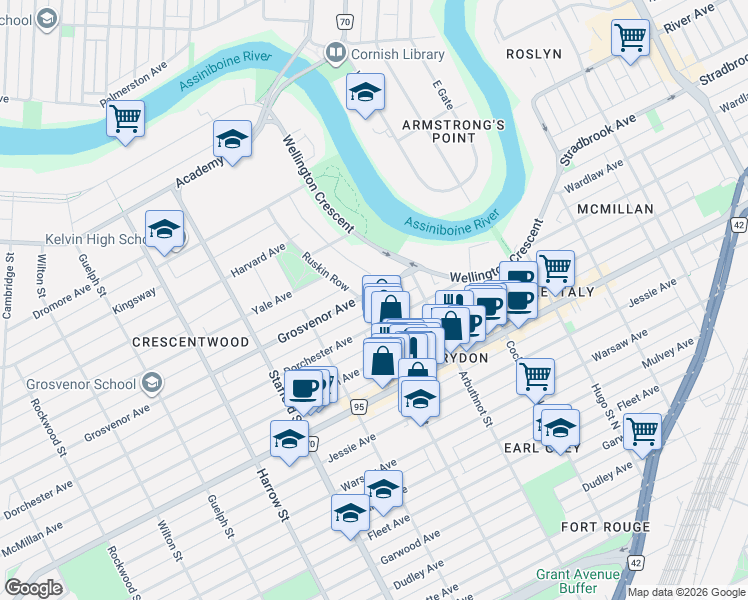map of restaurants, bars, coffee shops, grocery stores, and more near 810 Grosvenor Avenue in Winnipeg