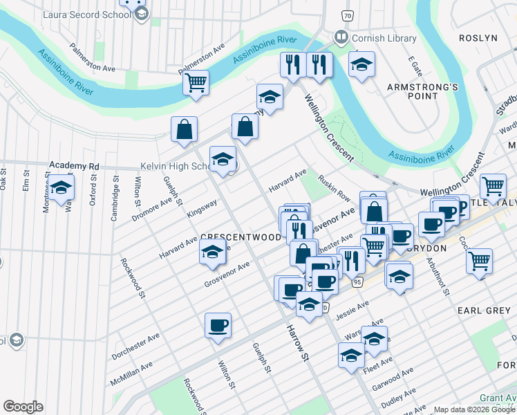 map of restaurants, bars, coffee shops, grocery stores, and more near 100 Harvard Avenue in Winnipeg