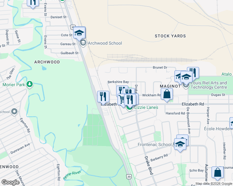map of restaurants, bars, coffee shops, grocery stores, and more near 35 Oakmont Avenue in Winnipeg