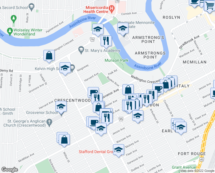 map of restaurants, bars, coffee shops, grocery stores, and more near 50 Yale Avenue in Winnipeg