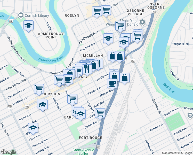 map of restaurants, bars, coffee shops, grocery stores, and more near 603 Jessie Avenue in Winnipeg