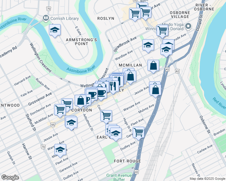 map of restaurants, bars, coffee shops, grocery stores, and more near in Winnipeg