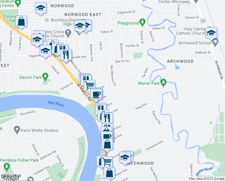map of restaurants, bars, coffee shops, grocery stores, and more near 53 Fifth Avenue in Winnipeg