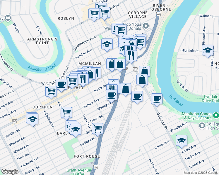 map of restaurants, bars, coffee shops, grocery stores, and more near 275 Nassau Street North in Winnipeg