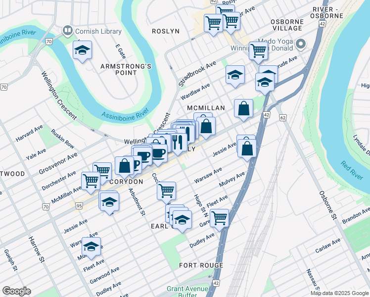 map of restaurants, bars, coffee shops, grocery stores, and more near in Winnipeg