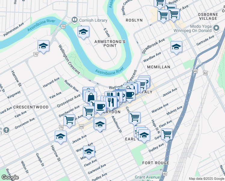 map of restaurants, bars, coffee shops, grocery stores, and more near 702 Dorchester Avenue in Winnipeg