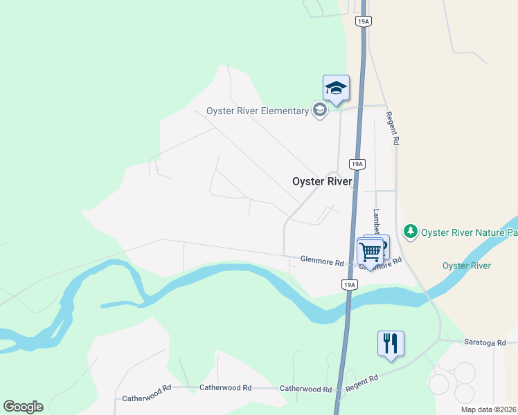 map of restaurants, bars, coffee shops, grocery stores, and more near 2303 King Road in Campbell River