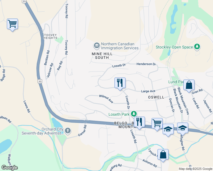 map of restaurants, bars, coffee shops, grocery stores, and more near 1290 Loseth Drive in Kelowna