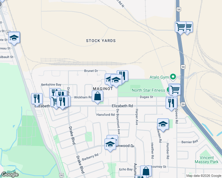 map of restaurants, bars, coffee shops, grocery stores, and more near 5 De Bourmont Avenue in Winnipeg