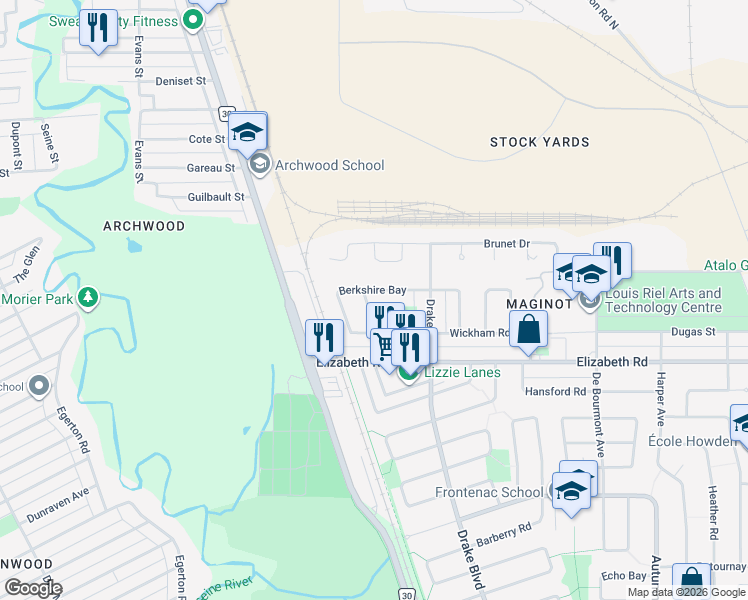 map of restaurants, bars, coffee shops, grocery stores, and more near 35 Oakmont Avenue in Winnipeg