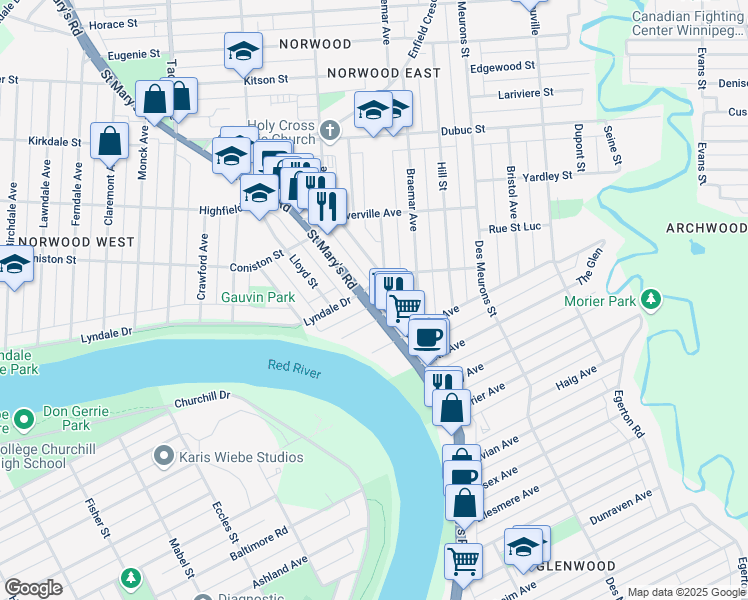 map of restaurants, bars, coffee shops, grocery stores, and more near 311 Saint Mary's Road in Winnipeg
