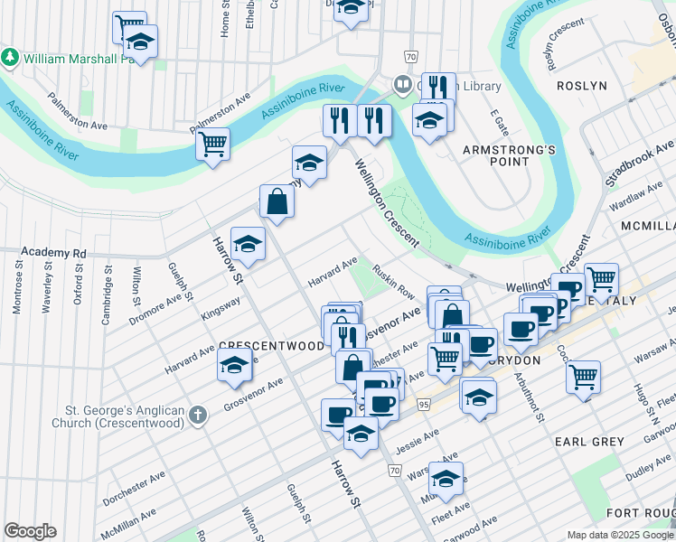 map of restaurants, bars, coffee shops, grocery stores, and more near 2 Avonherst Street in Winnipeg