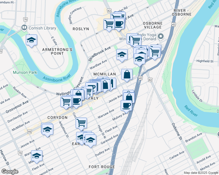 map of restaurants, bars, coffee shops, grocery stores, and more near in Winnipeg