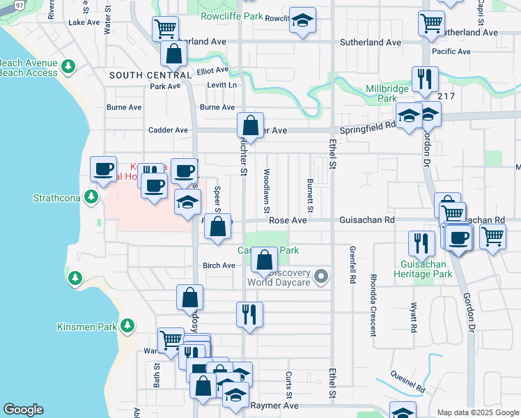 map of restaurants, bars, coffee shops, grocery stores, and more near in Kelowna