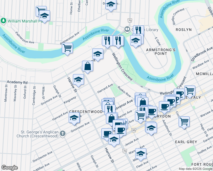 map of restaurants, bars, coffee shops, grocery stores, and more near 25 Harvard Avenue in Winnipeg