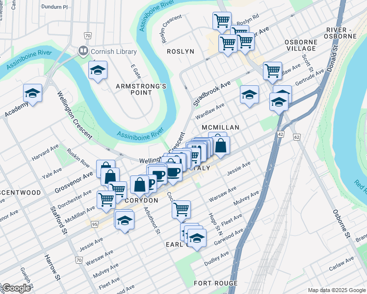 map of restaurants, bars, coffee shops, grocery stores, and more near 670 Gertrude Avenue in Winnipeg