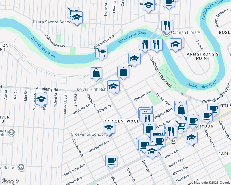 map of restaurants, bars, coffee shops, grocery stores, and more near 155 Kingsway in Winnipeg