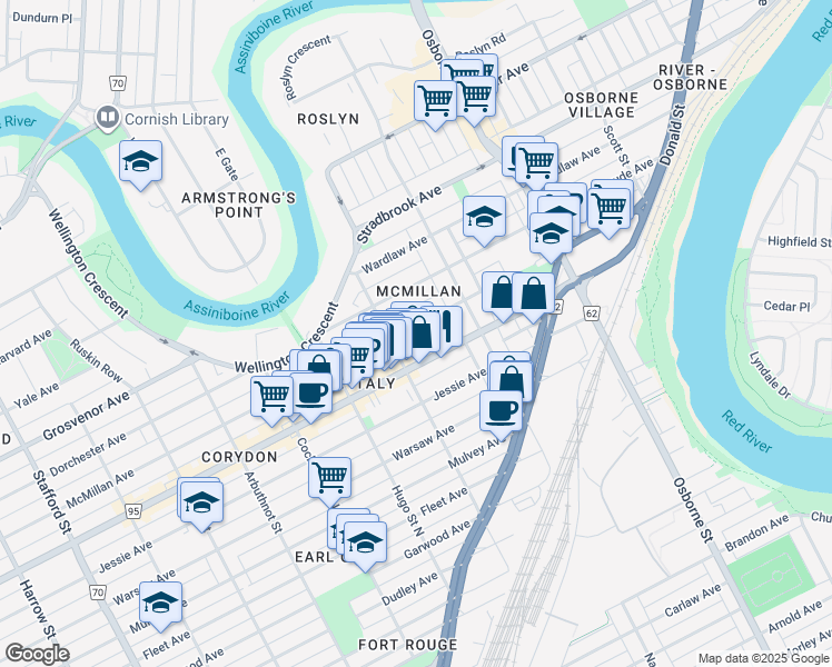 map of restaurants, bars, coffee shops, grocery stores, and more near 600 McMillan Avenue in Winnipeg