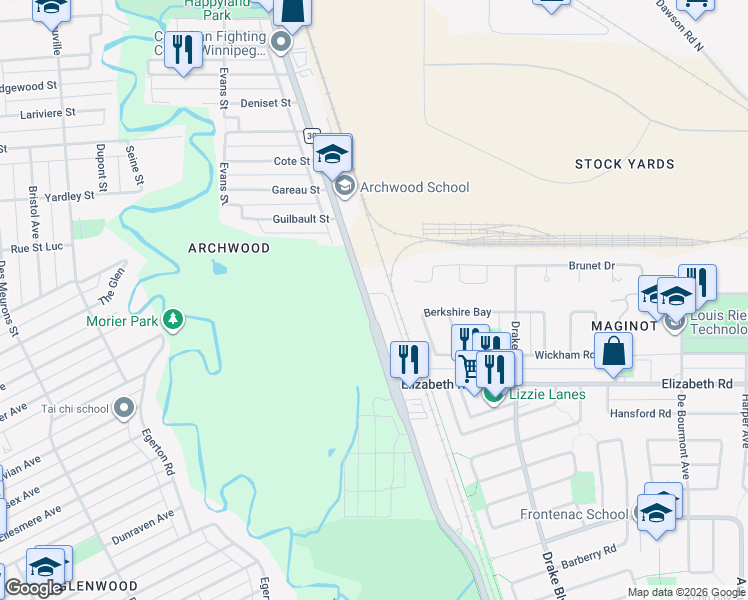 map of restaurants, bars, coffee shops, grocery stores, and more near 884 Archibald Street in Winnipeg
