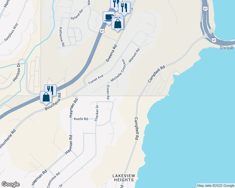 map of restaurants, bars, coffee shops, grocery stores, and more near 2162 Alexander Place in Kelowna