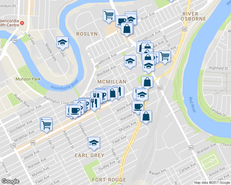 map of restaurants, bars, coffee shops, grocery stores, and more near in Winnipeg