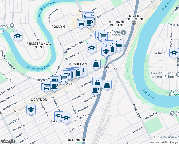map of restaurants, bars, coffee shops, grocery stores, and more near 555 Corydon Avenue in Winnipeg