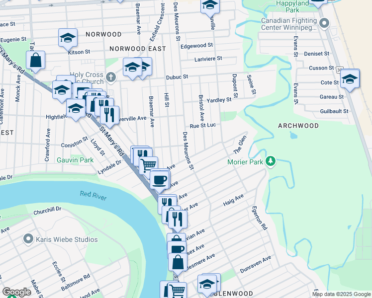 map of restaurants, bars, coffee shops, grocery stores, and more near 53 Rue des Meurons in Winnipeg