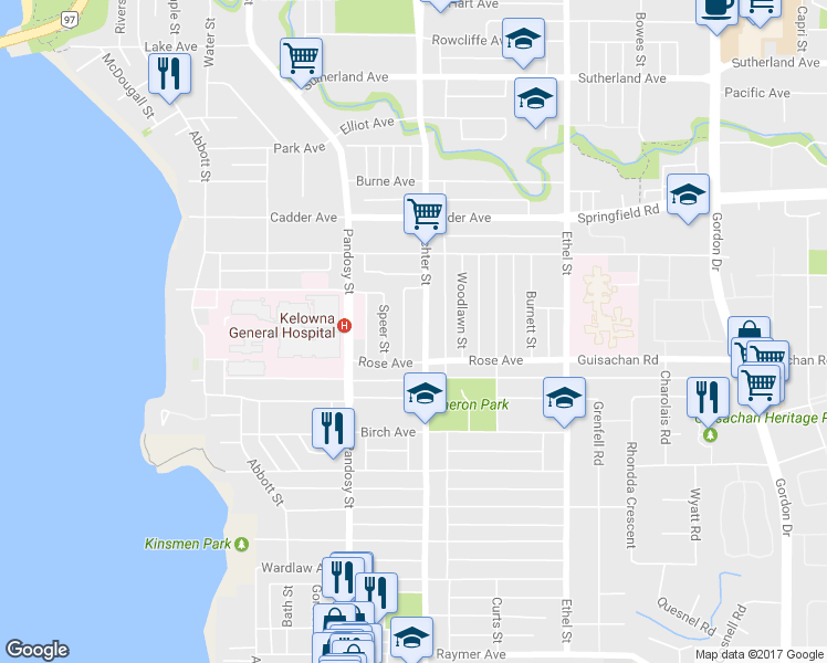 map of restaurants, bars, coffee shops, grocery stores, and more near 2256 Richter Street in Kelowna