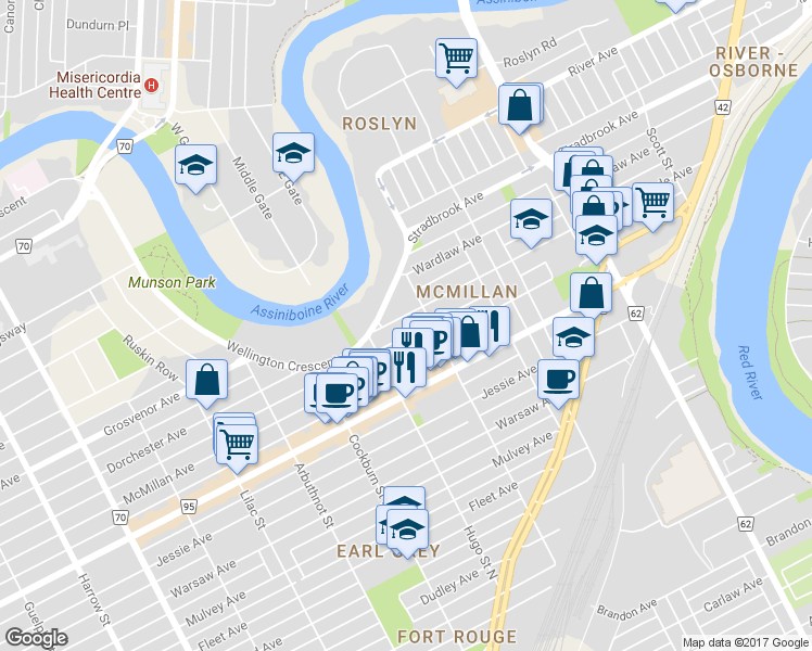 map of restaurants, bars, coffee shops, grocery stores, and more near in Winnipeg
