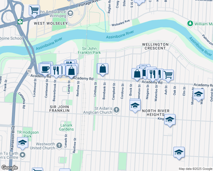 map of restaurants, bars, coffee shops, grocery stores, and more near 182 Borebank Street in Winnipeg