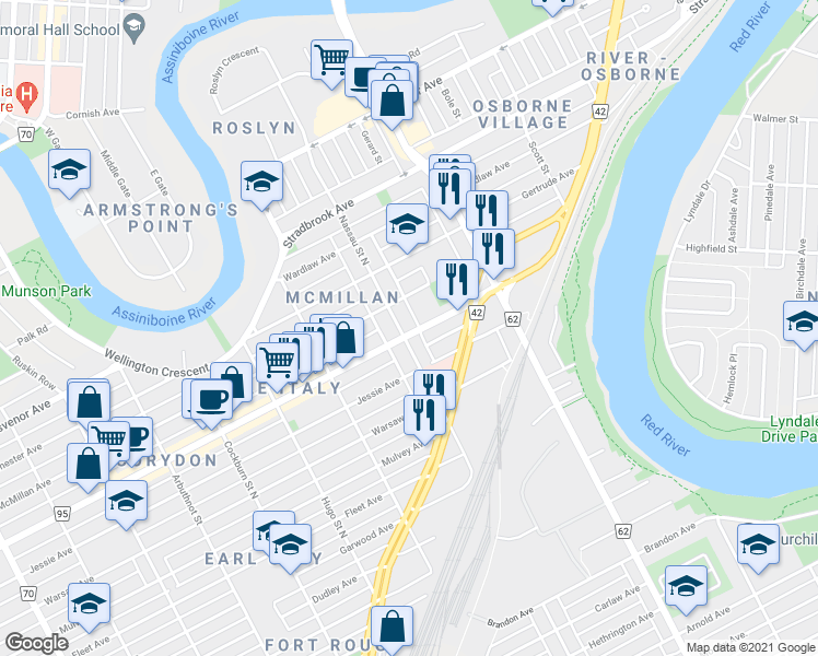 map of restaurants, bars, coffee shops, grocery stores, and more near 555 Corydon Avenue in Winnipeg