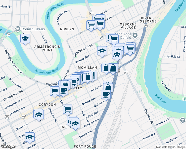 map of restaurants, bars, coffee shops, grocery stores, and more near in Winnipeg