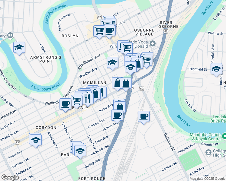 map of restaurants, bars, coffee shops, grocery stores, and more near 555 Corydon Avenue in Winnipeg