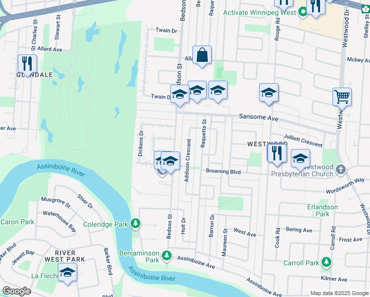 map of restaurants, bars, coffee shops, grocery stores, and more near 100 Addison Crescent in Winnipeg