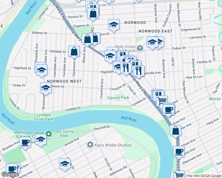 map of restaurants, bars, coffee shops, grocery stores, and more near Chandos Avenue in Winnipeg