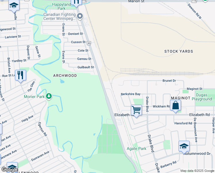map of restaurants, bars, coffee shops, grocery stores, and more near 884 Archibald Street in Winnipeg
