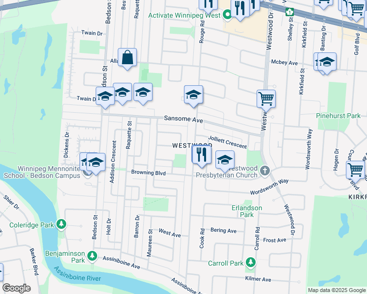 map of restaurants, bars, coffee shops, grocery stores, and more near 63 Belcourt Bay in Winnipeg