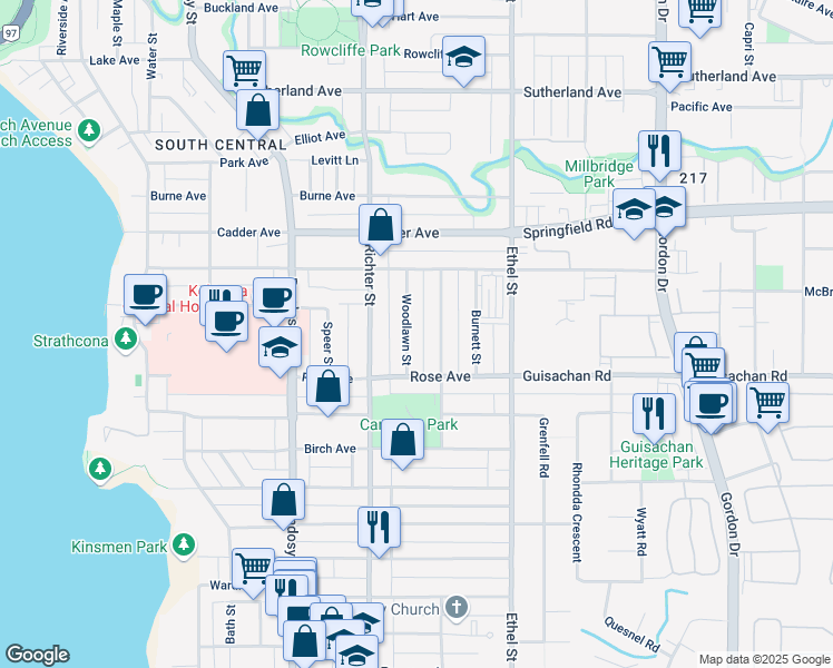 map of restaurants, bars, coffee shops, grocery stores, and more near 2241 Woodlawn Street in Kelowna