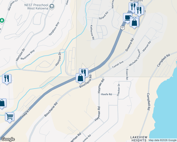map of restaurants, bars, coffee shops, grocery stores, and more near 2210 Horizon Drive in Kelowna