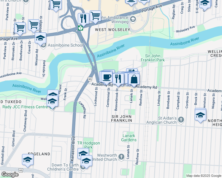 map of restaurants, bars, coffee shops, grocery stores, and more near 190 Centennial Street in Winnipeg