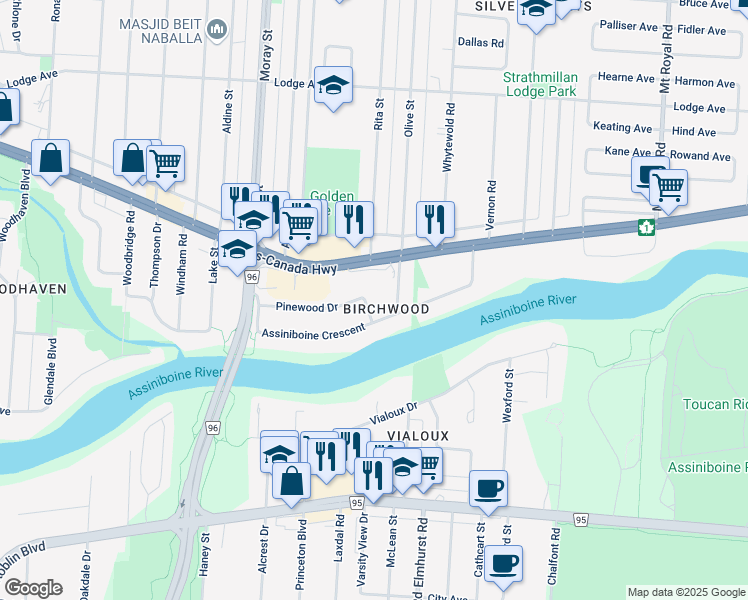map of restaurants, bars, coffee shops, grocery stores, and more near 2485 Pinewood Drive in Winnipeg