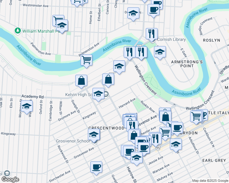 map of restaurants, bars, coffee shops, grocery stores, and more near 101 Kingsway in Winnipeg