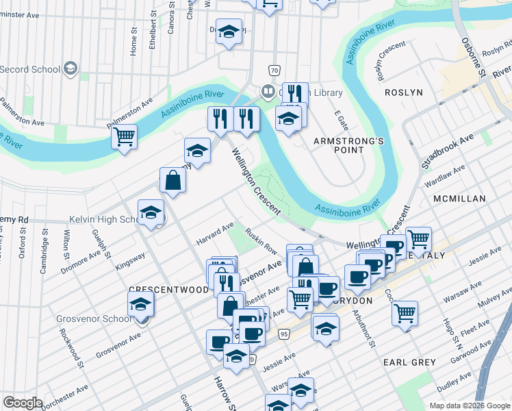 map of restaurants, bars, coffee shops, grocery stores, and more near 466 Wellington Crescent in Winnipeg
