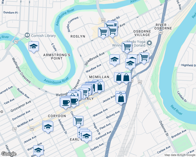 map of restaurants, bars, coffee shops, grocery stores, and more near 607 McMillan Avenue in Winnipeg